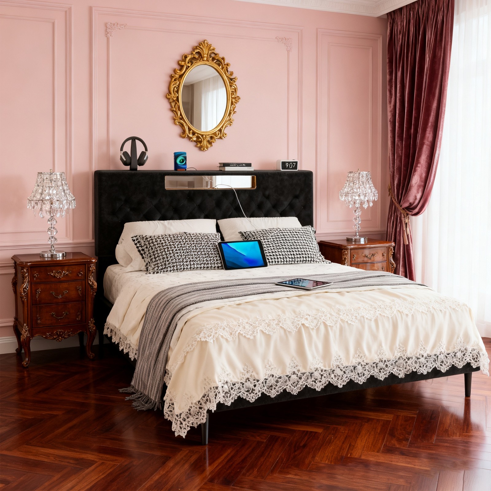 Wooden Full Size Upholstered Bed Frame with High Headboard LED Lights Charging