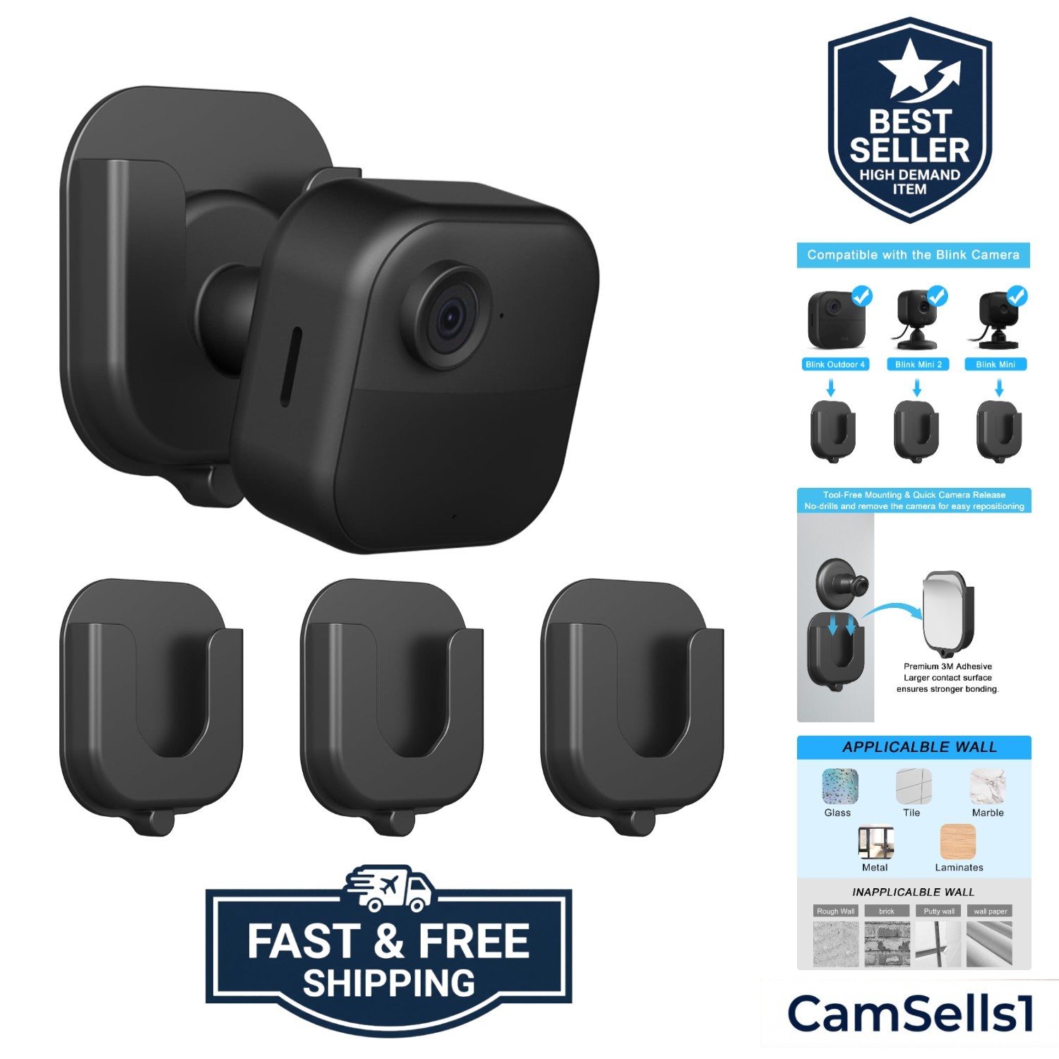 3PACK Adhesive Wall Mount Bracket for Blink Outdoor 4th Gen & 3rd Gen, Blink ...
