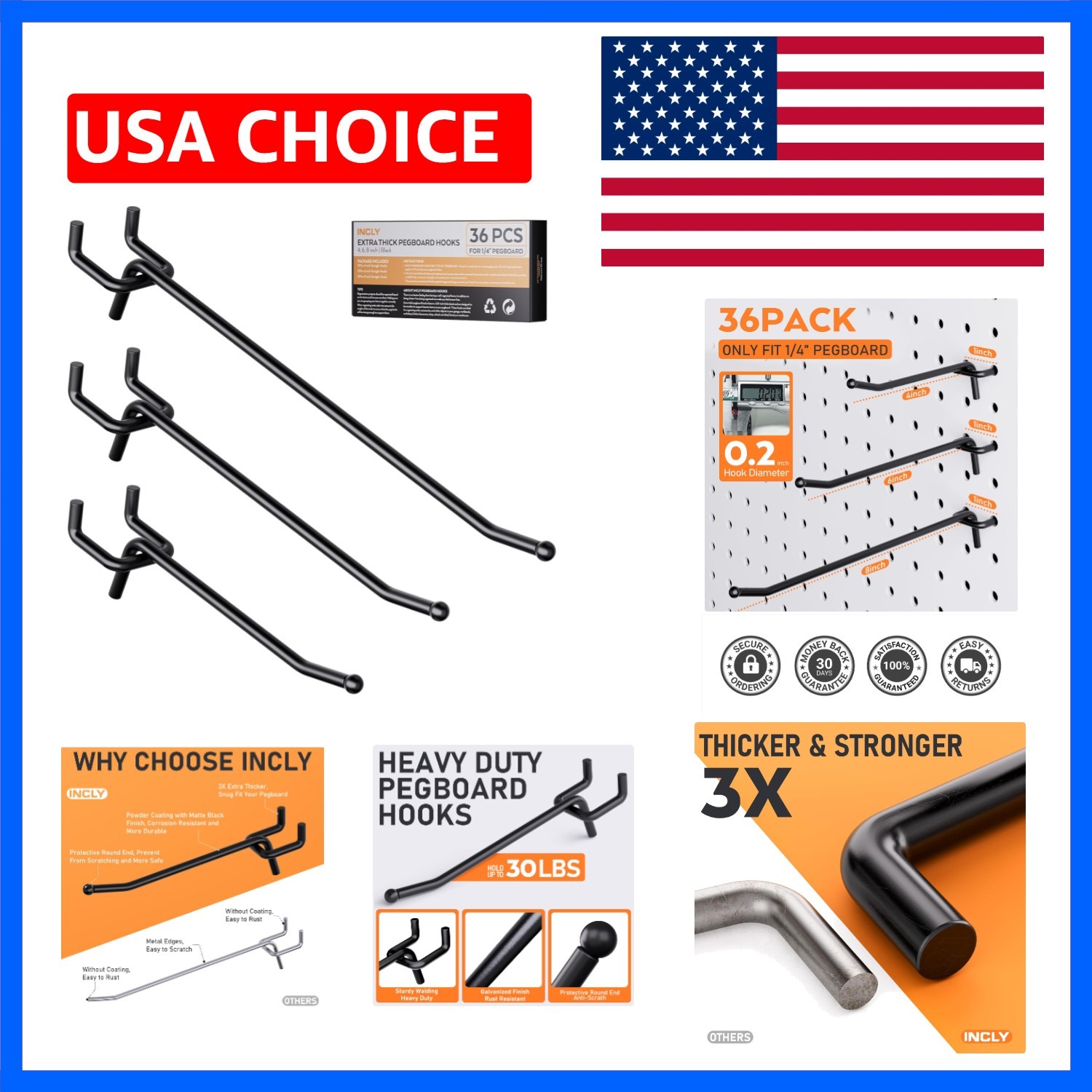 36 Pack 4/6/8 Inch Black Pegboard Hooks, 1/4" Heavy Duty Peg Board Shelving H...