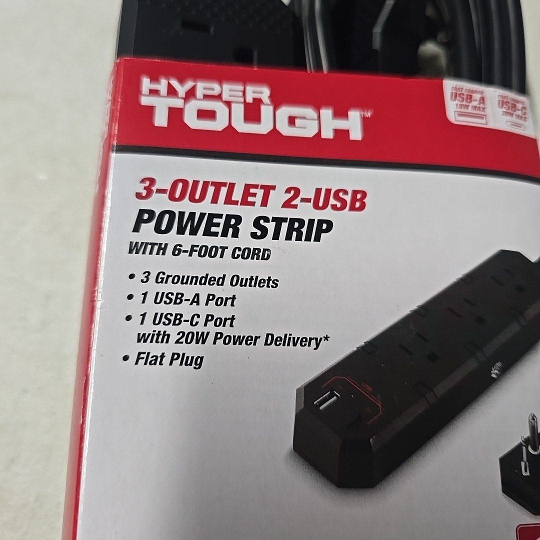 Hyper Tough - 3 Outlet + 2 USB Power Strip - 6 Foot - Black