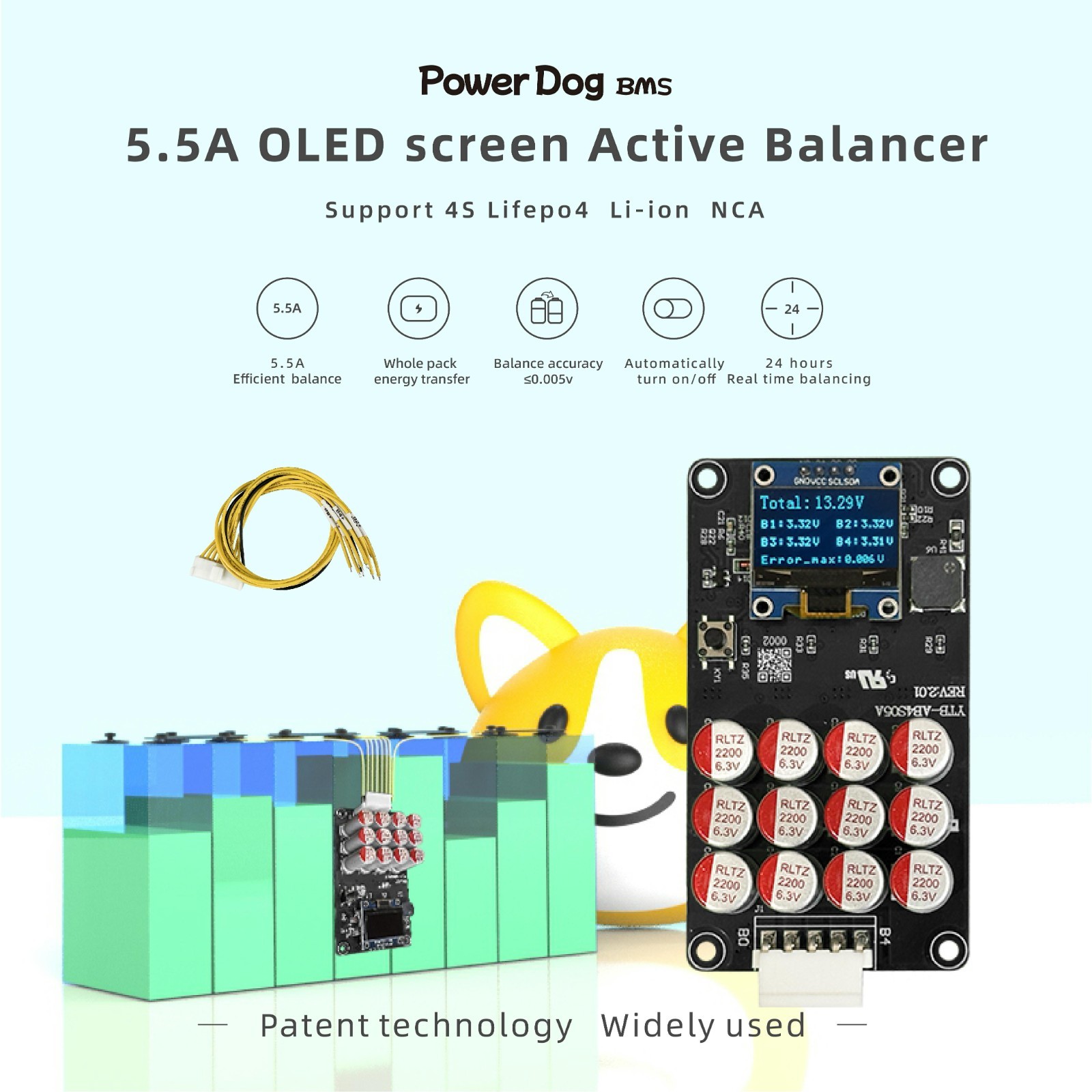 active balancer 5.5A 4S 8S 12V 24V MCN/Lifepo4/NCA Equipped with OLED display
