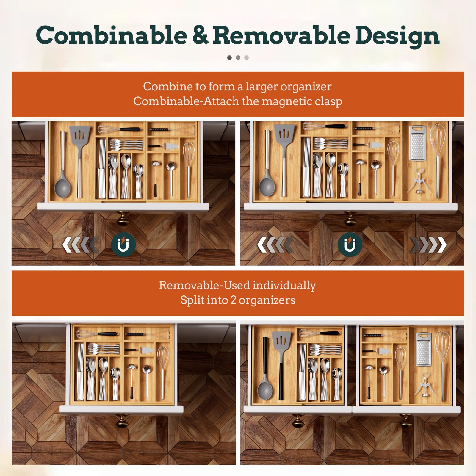 Silverware Organizer Large, Magnetic Connected Expandable 13 Slots, Natural