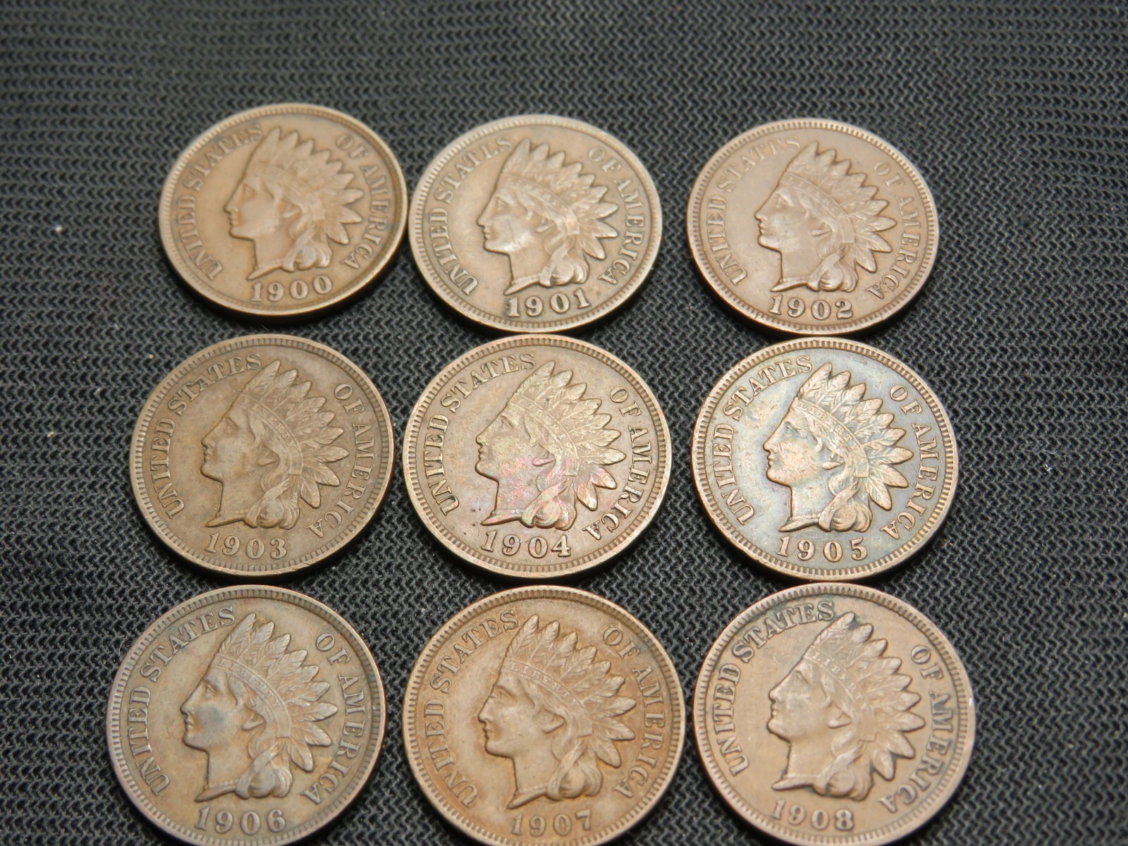 1901 1902 1903 1904 1905 1906 1907 1908 Indian Head cents all XF US copper