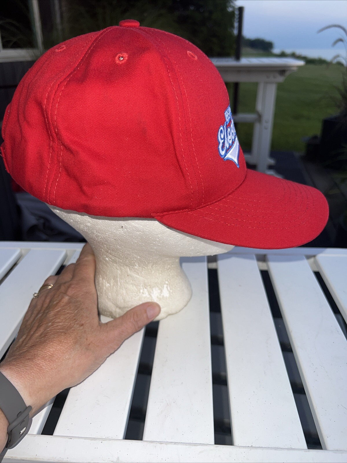 IBEW Local 153 Electricians Red Hat Cap Blue White Accents Hook Loop FlagTag EUC