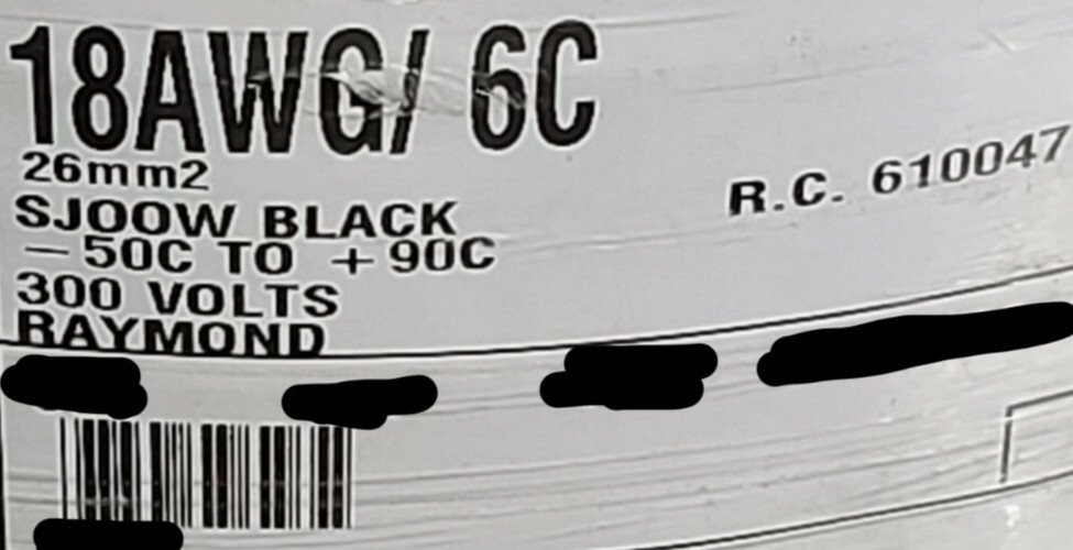 Raymond R.C. 610047 18/6C SJOOW 300V 90C Forklift Control Cable Cord Black /5ft