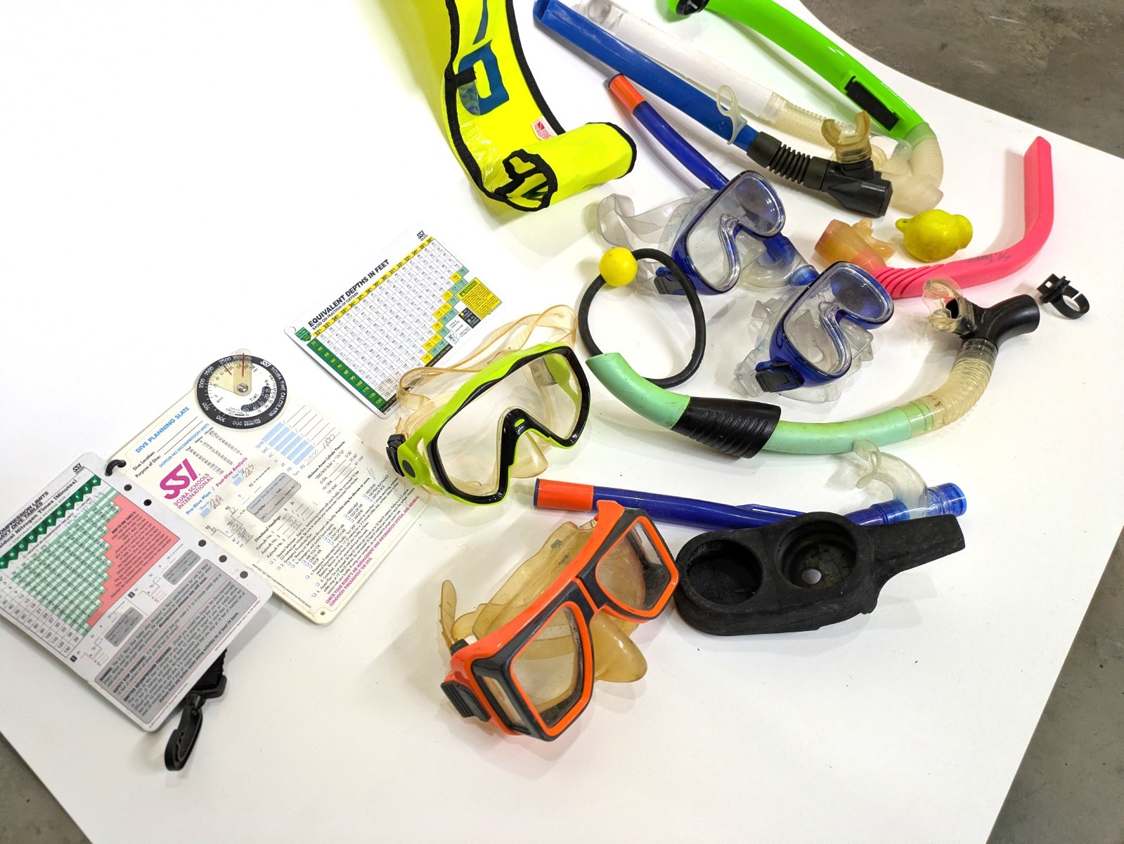 As-Is Scuba Diving Lot Package SMB, Masks, Snorkels, Tables, Tank Banger