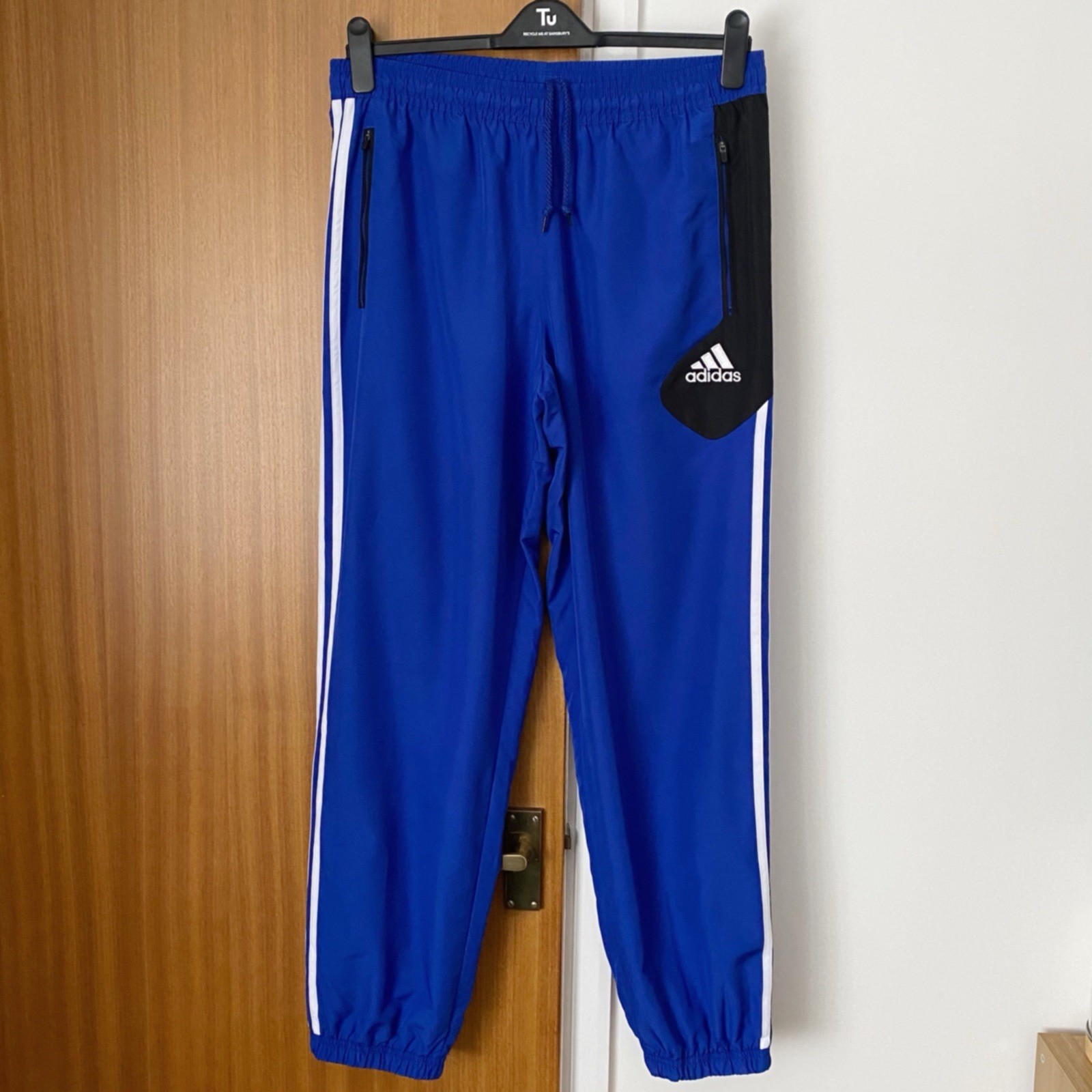 Adidas Track Bottoms Mens Large 44/46 Blue Mesh Lined Zip Pockets Drawstrings