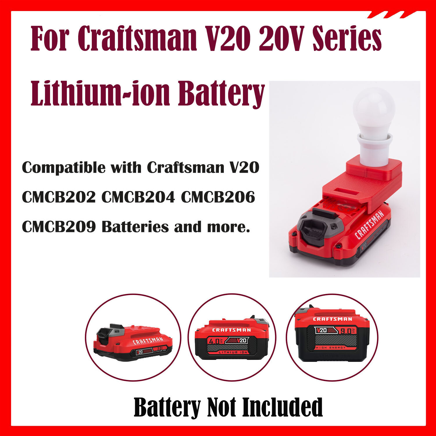 Portable LED Work Light For Craftsman 20V Series Lithium Battery E27 Bulb Lamp