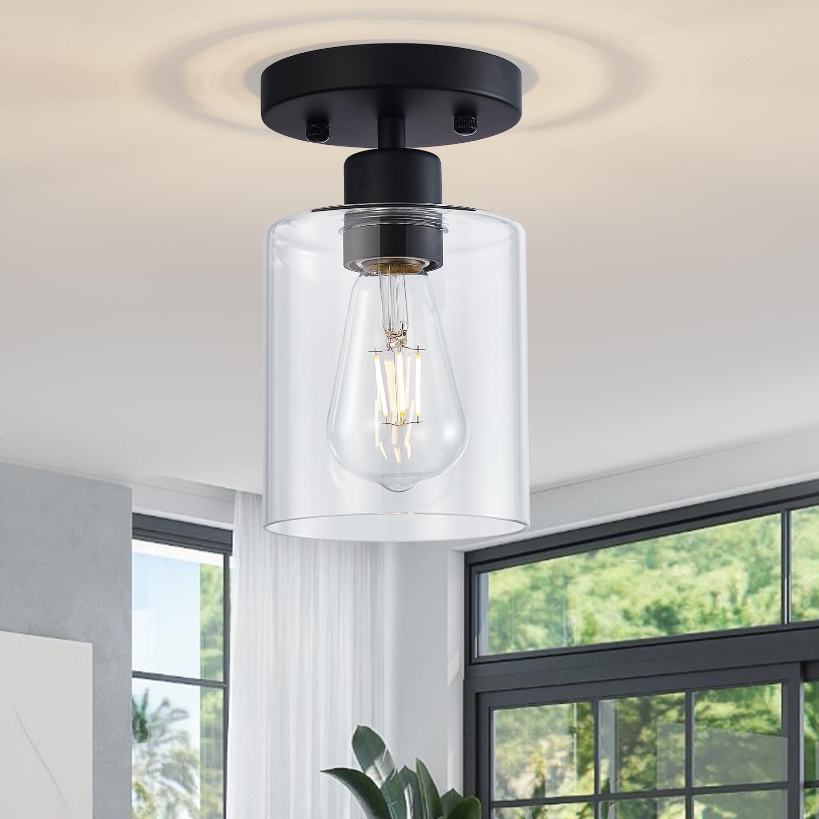 Black Semi Flush Mount Ceiling Light, 1-Light Ceiling Light Fixtures, Farmhou...