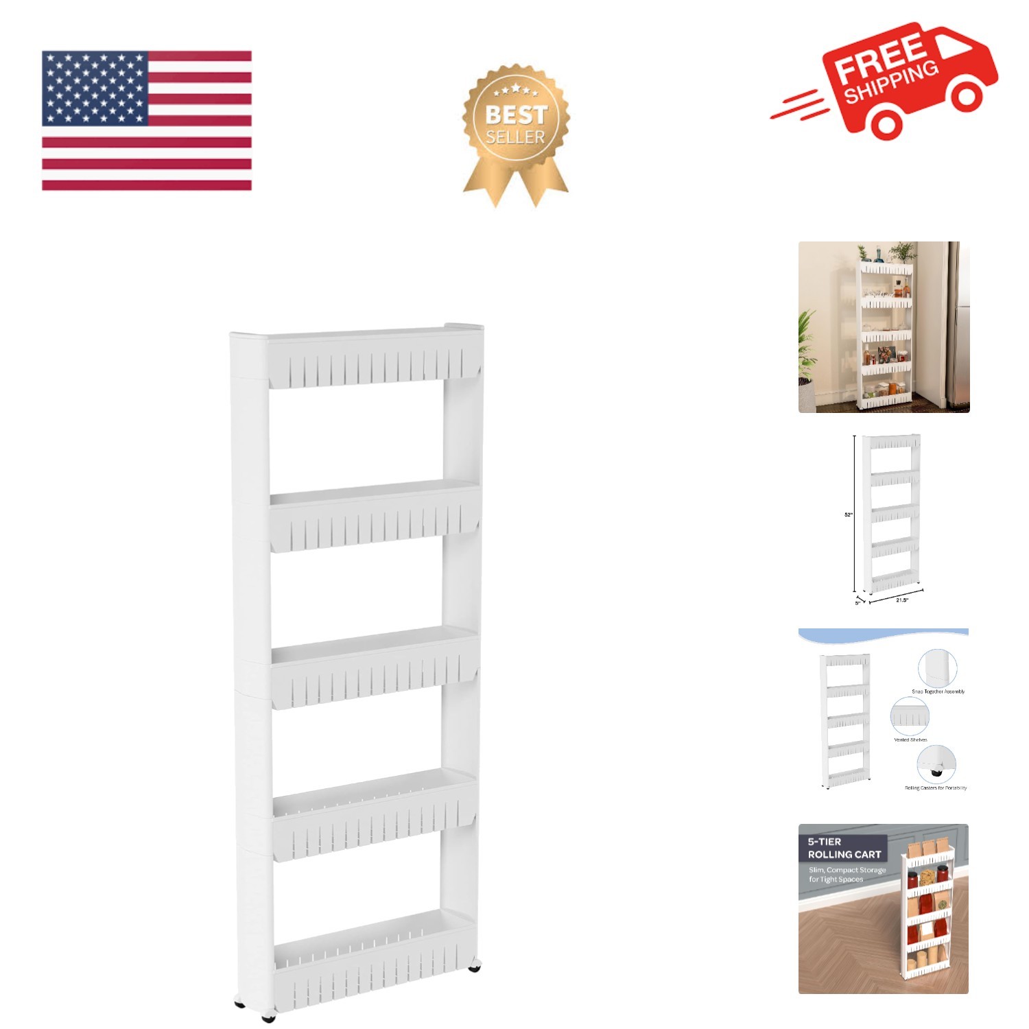 Compact 5-Tier White Storage Cart - Perfect for Narrow Spaces & Easy Access