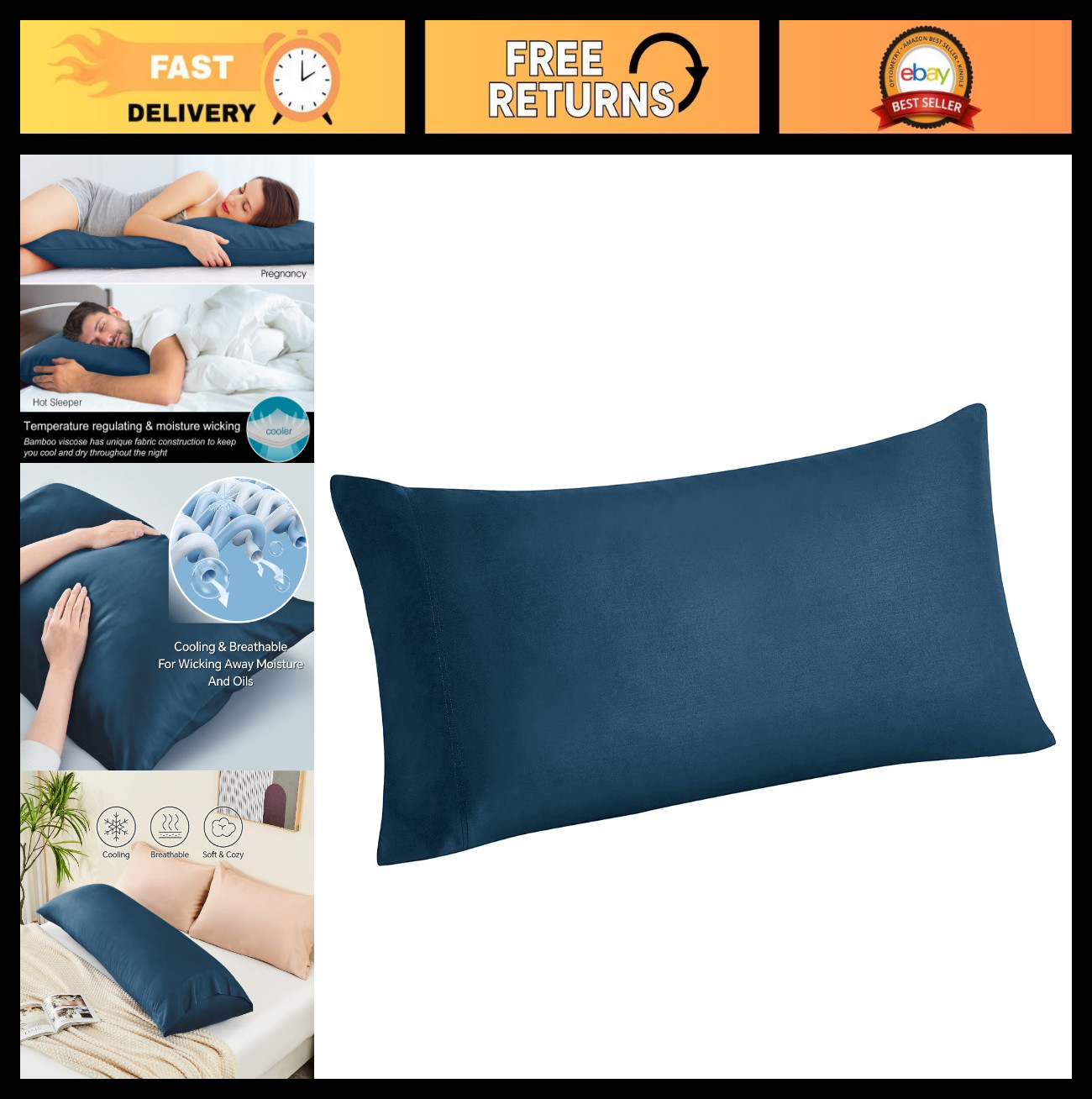 Navy Blue Bamboo Body Pillow Cover 20x54 Inches - Soft, Breathable & Cooling for