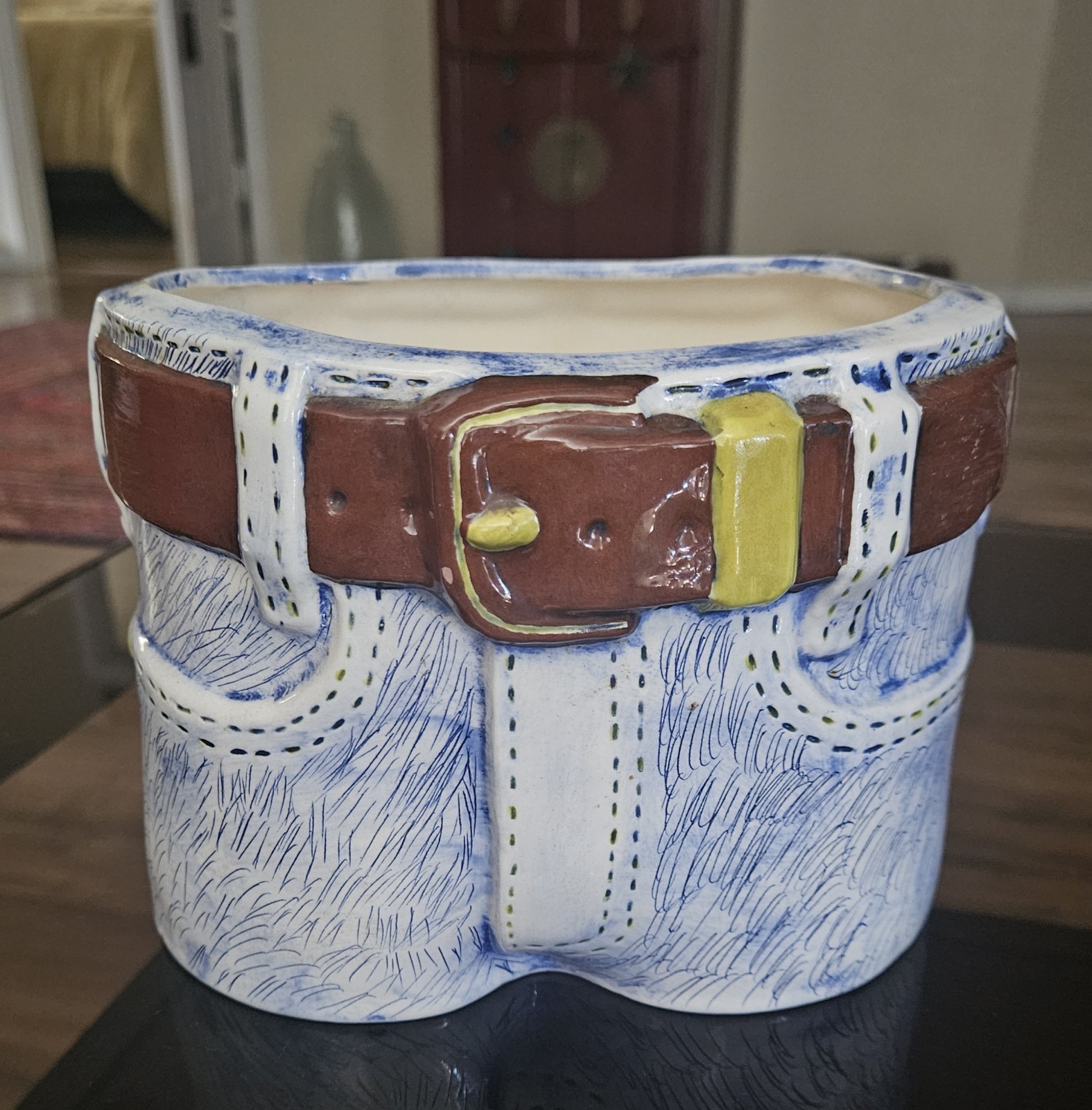 1970's Blue Jeans Planter Handmade Ceramic Novelty Planter