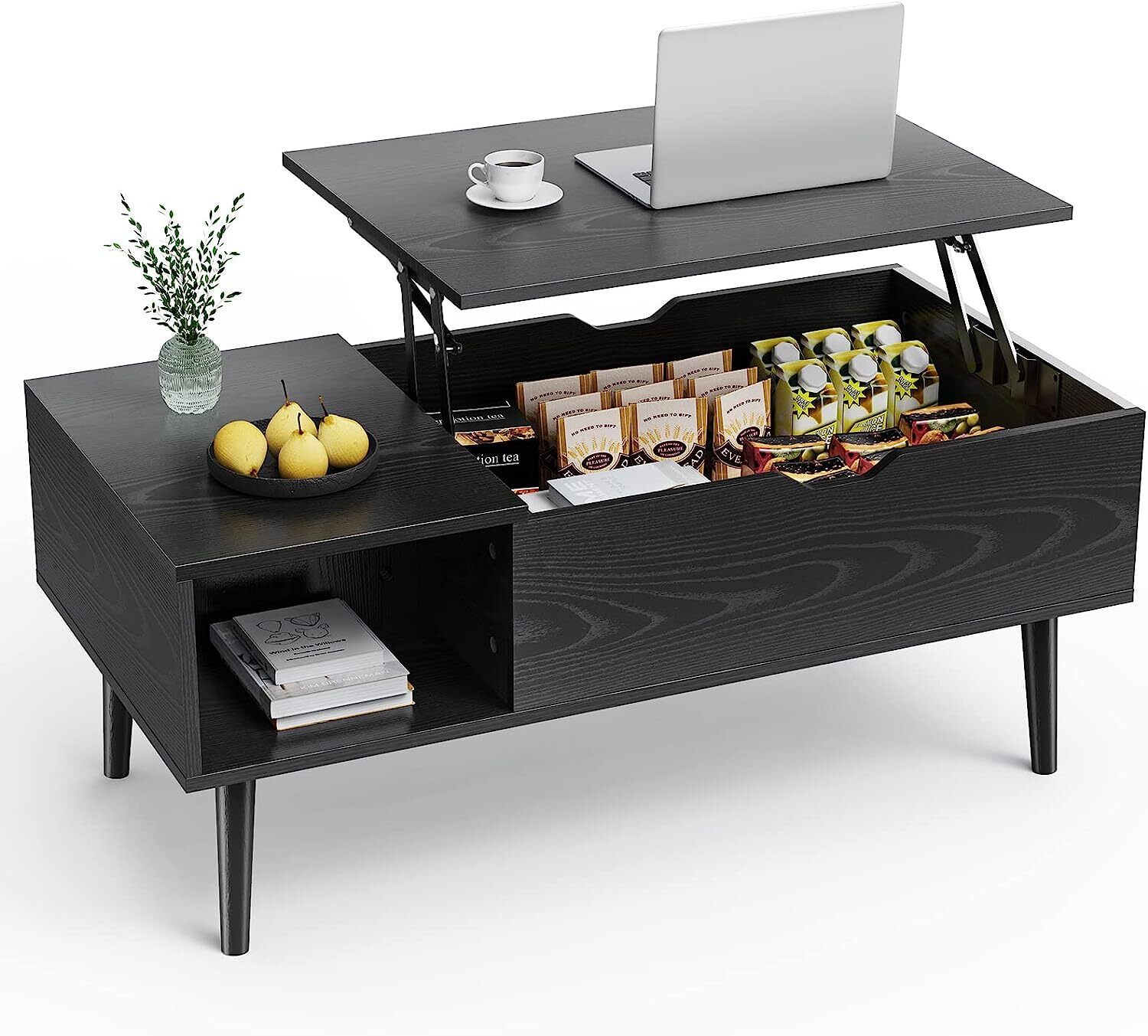 Home Office Wood Lift Top Dining Tabletop Coffee Tea Table with Adjustable Shelf