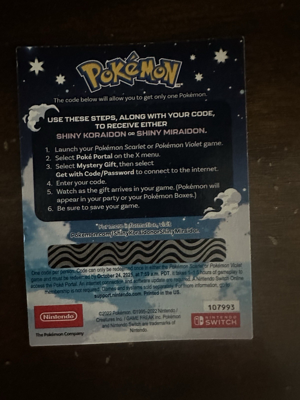 POKEMON SCARLET VIOLET SHINING MIRADON AND KORAIDON SHINY CODE UNSCRATCHED