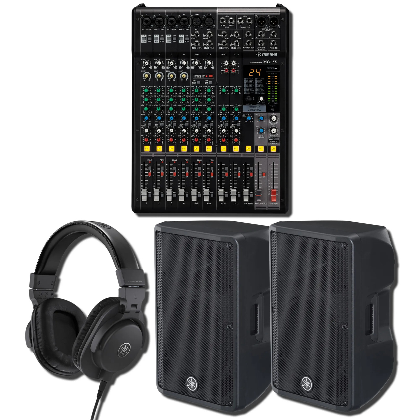 Yamaha MG12X CV 12-Ch Analog Mixer w/ 2x DBR12 1000W Speakers & HPH-MT5 Headphon