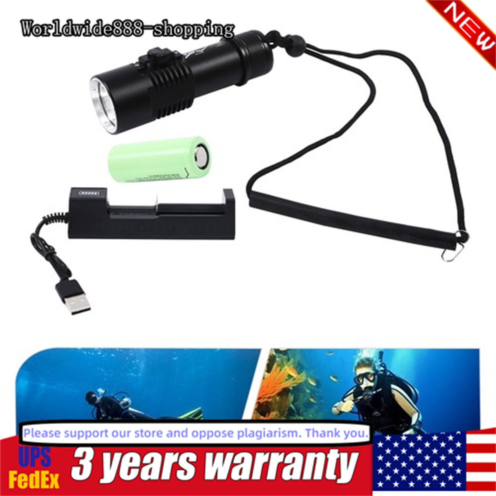 LED Dive Light Waterproof Compact Bright Diving Torch Submersible Flashlight