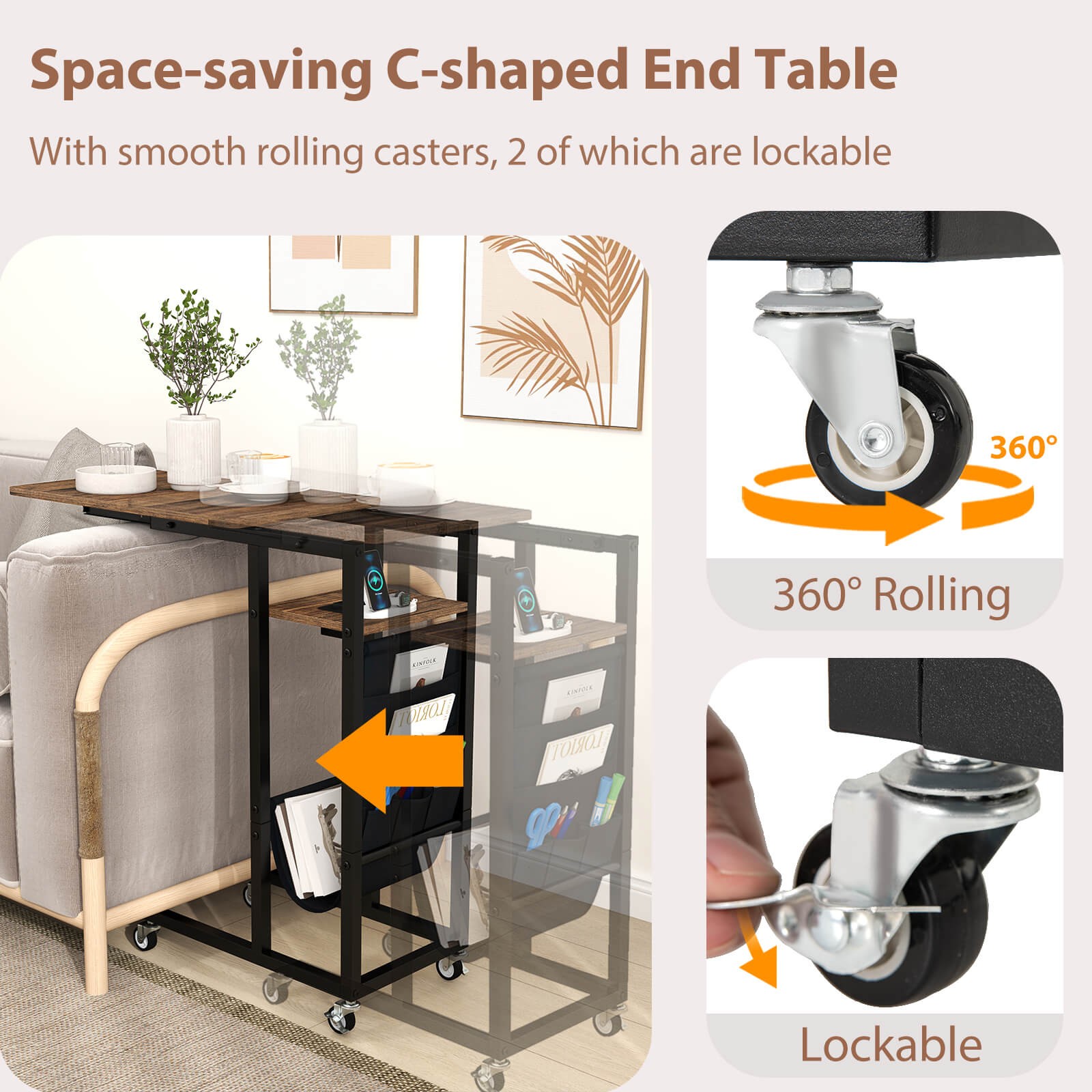 C-shaped End Table with Charging Station Rolling Bedside Table Couch Side Table