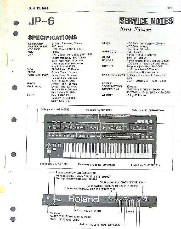 Reproduction of the Roland Jupiter 6 JP6 Keyboard Synthesizer Service Notes Book