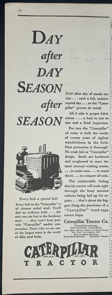 Magazine Ad* - 1929 - Caterpillar Tractors - San Leandro, CA