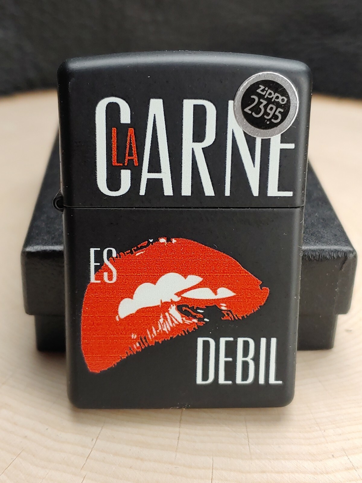 ZIPPO 218 "LA CARNE ES DEBIL" on BLACK MATTE Lighter - NEW IN BOX - AUG 2012