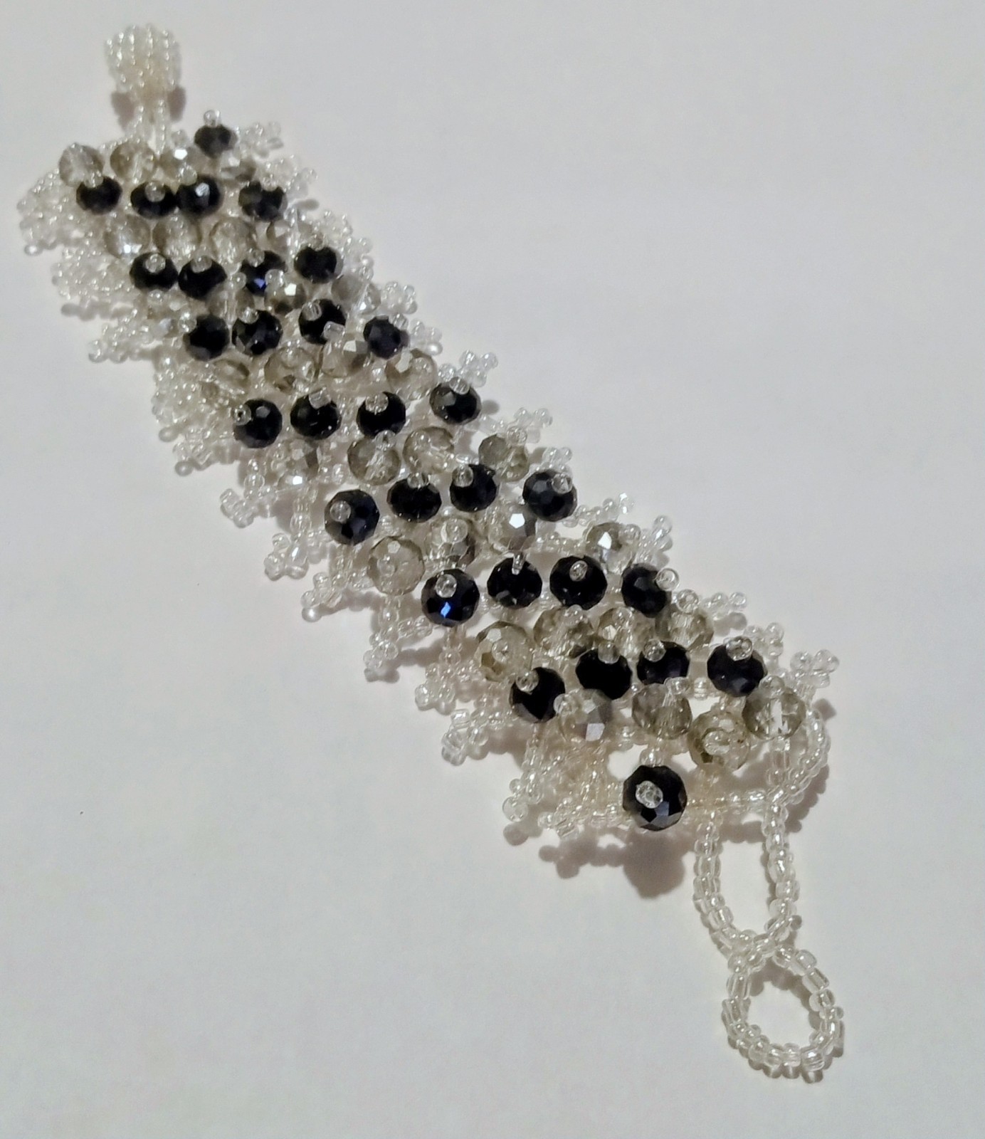 Vintage Style Handmade Wrap Beaded Bracelet With Sparkly Black And Clear Beads .