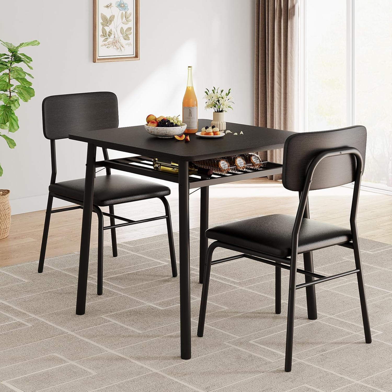 3 PCS Dining Table for 2 with Storage Rack Kitchen Table with Upholstered Chair