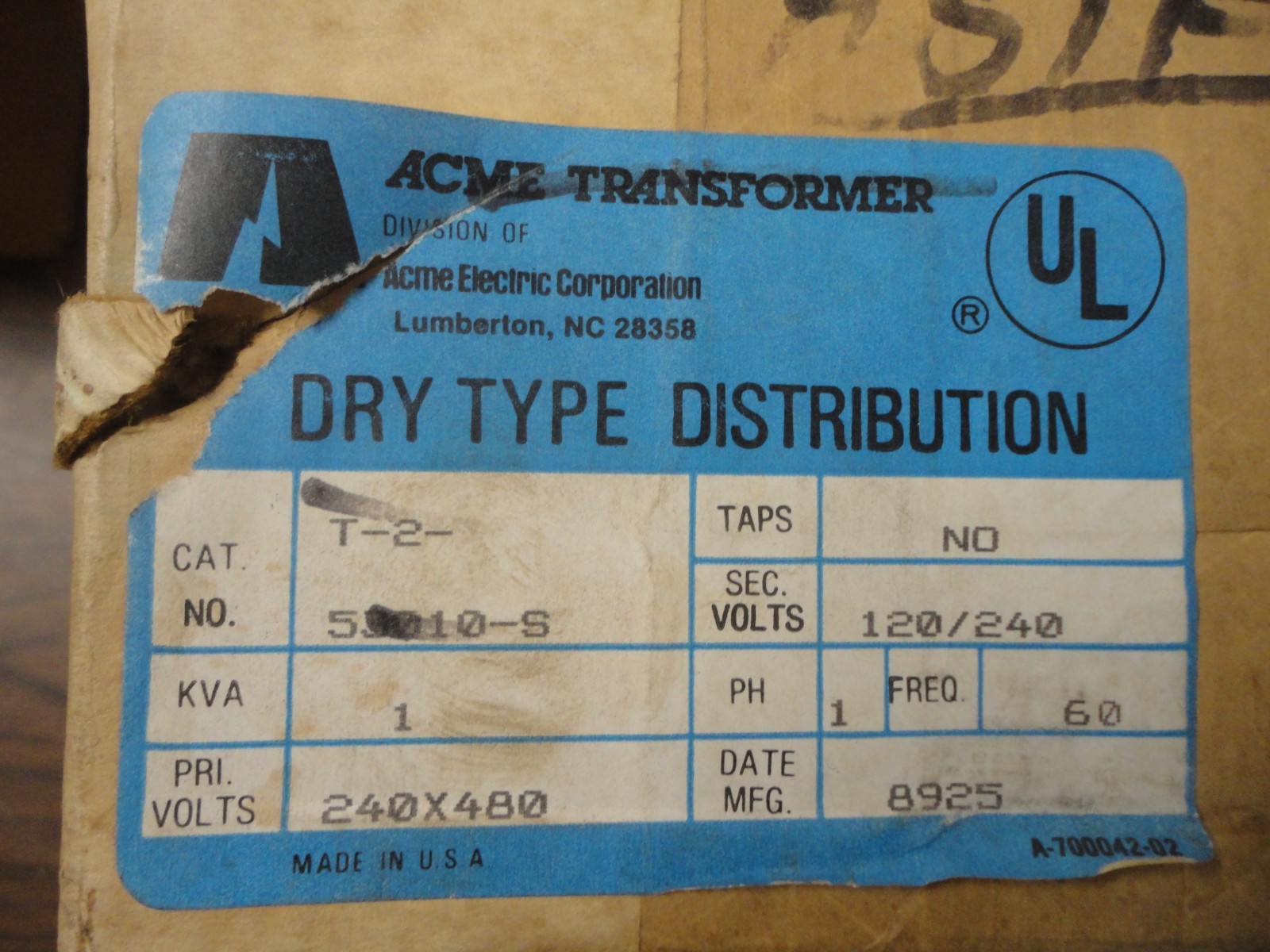 "NEW" ACME 1 KVA Transformer #T-2-53010-S - Pri 240/480 - Sec 120/240