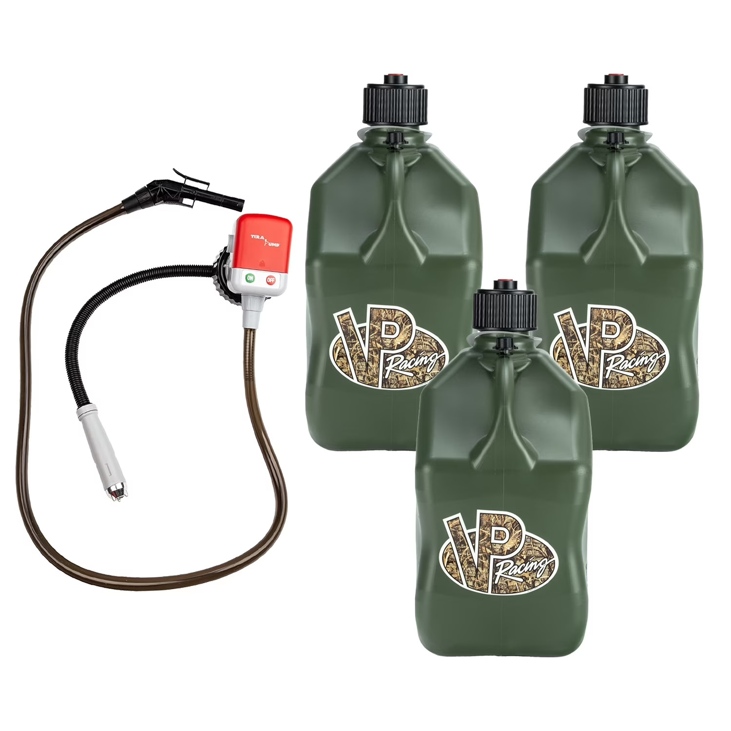 VP Racing 3842-CA, 5.5-Gal. Camo Jug(3PK) w/Battery Powered Fuel pump(1PK)