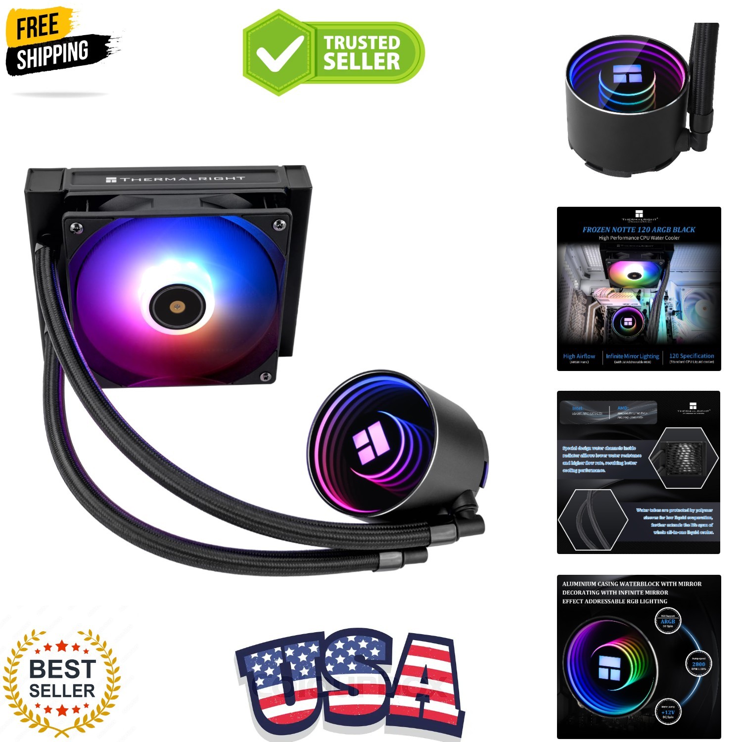 Frozen Notte 120 ARGB Black Liquid CPU Cooler, 120mm PWM Fan with ARGB-Up to ...