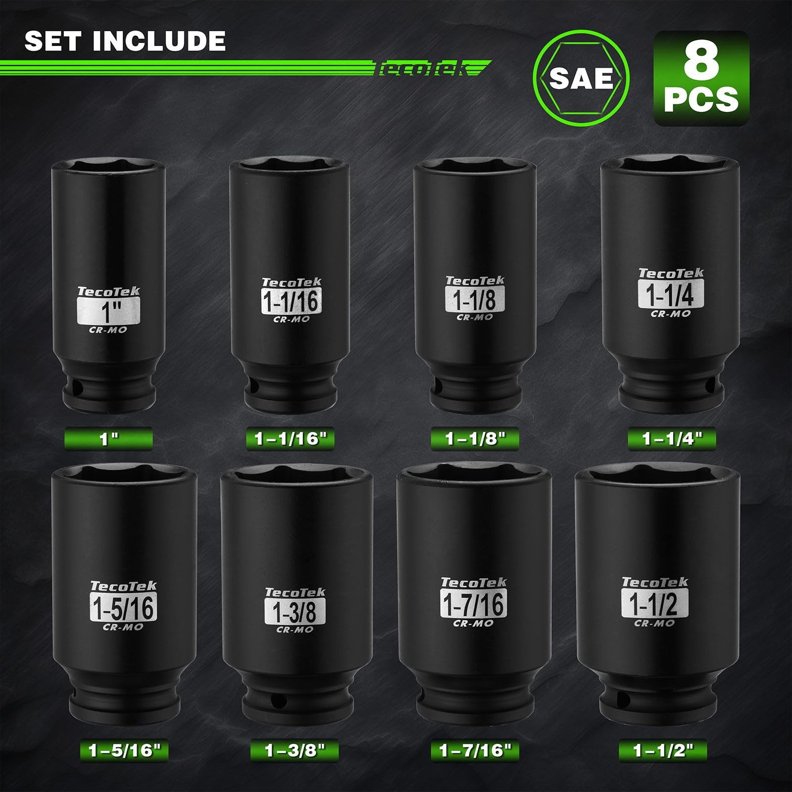 TecoTek 1/2" Drive 6-Point Impact Socket Set 8-Piece SAE Cr-Mo 1-1/2