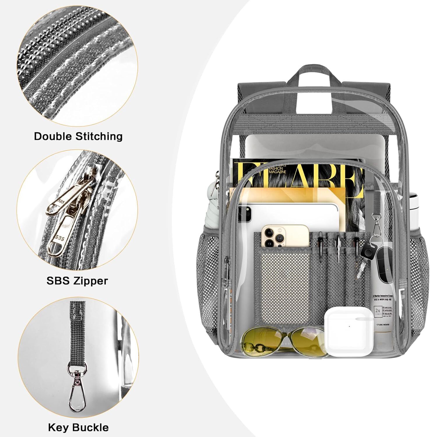PAMANO Clear Backpack, Heavy Duty Transparent Backpack with Reinforced Grey
