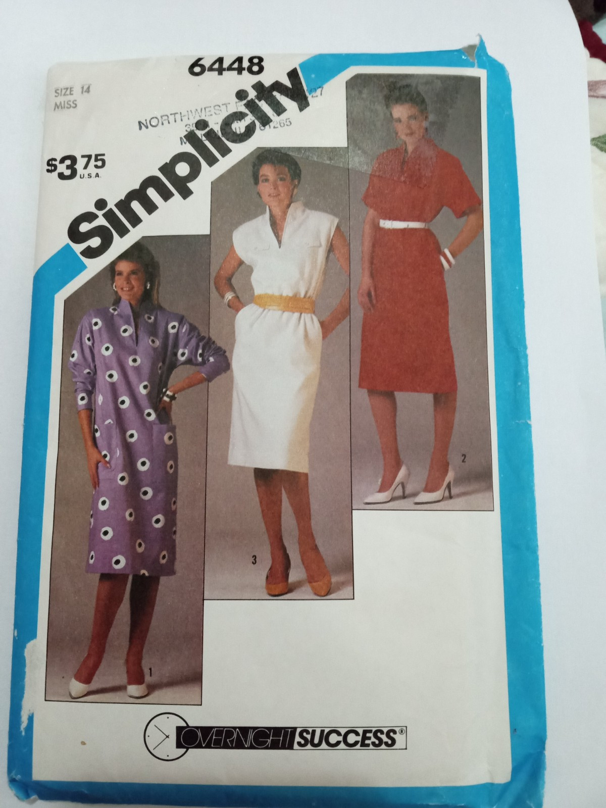Simplicity 6448 Funnel Neck Tunic Dress Misses Size 14 Uncut 1984