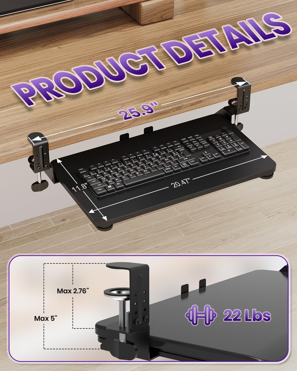 Ergonomic Mouse & Keyboard Tray Under Desk, Pull Out with Adjustable C-clamp, 20