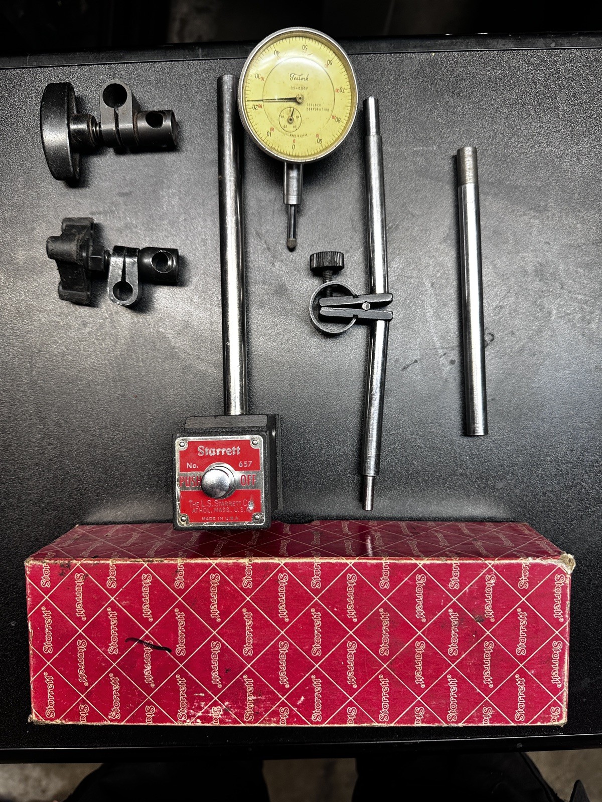Starrett Magnetic Base Ind Holder NO 657 657AA w/ BOX + Teclock Dial Guage