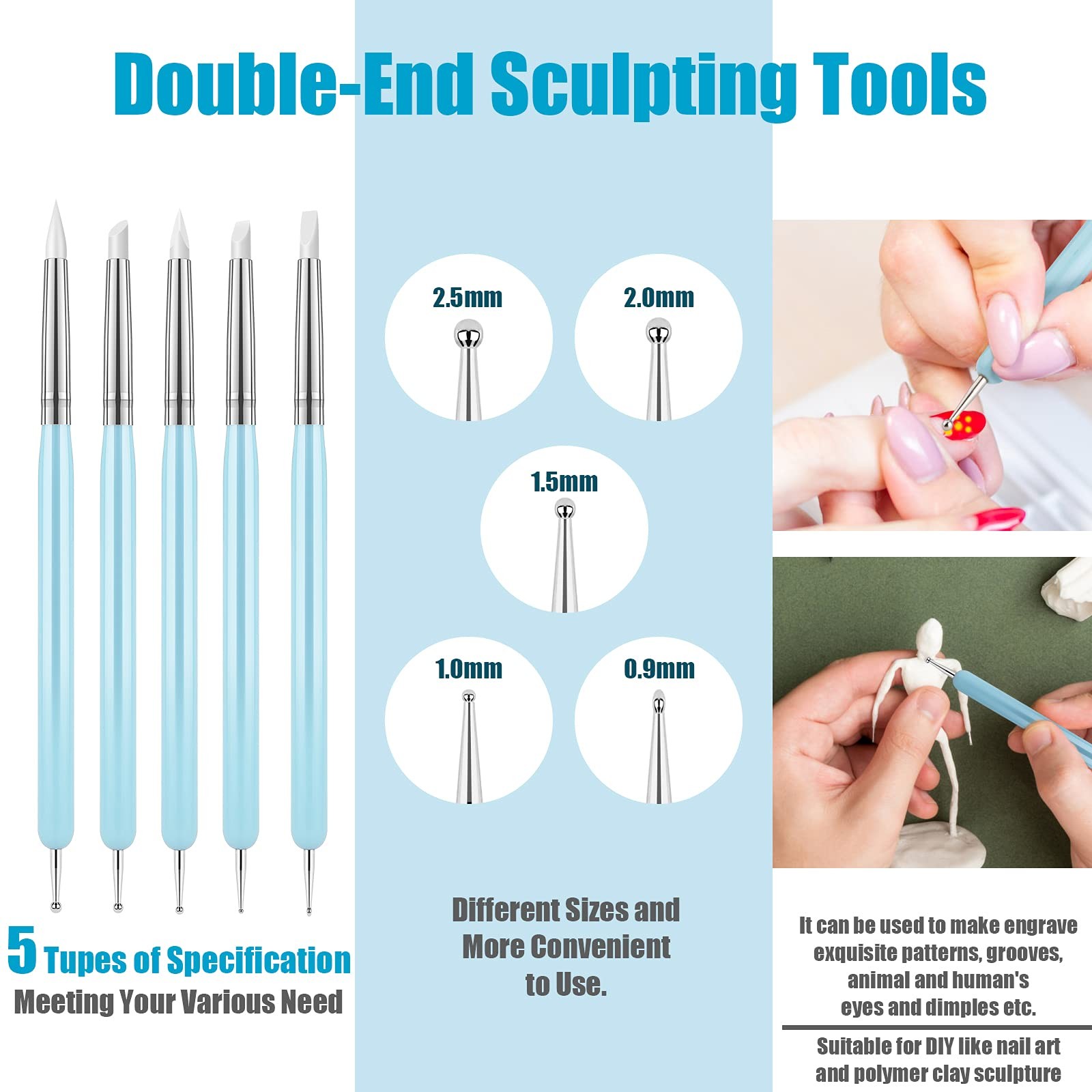 Clay Sculpting Tools 10Pcs, Silicone Pottery Dotting Brush, Nail, Blue