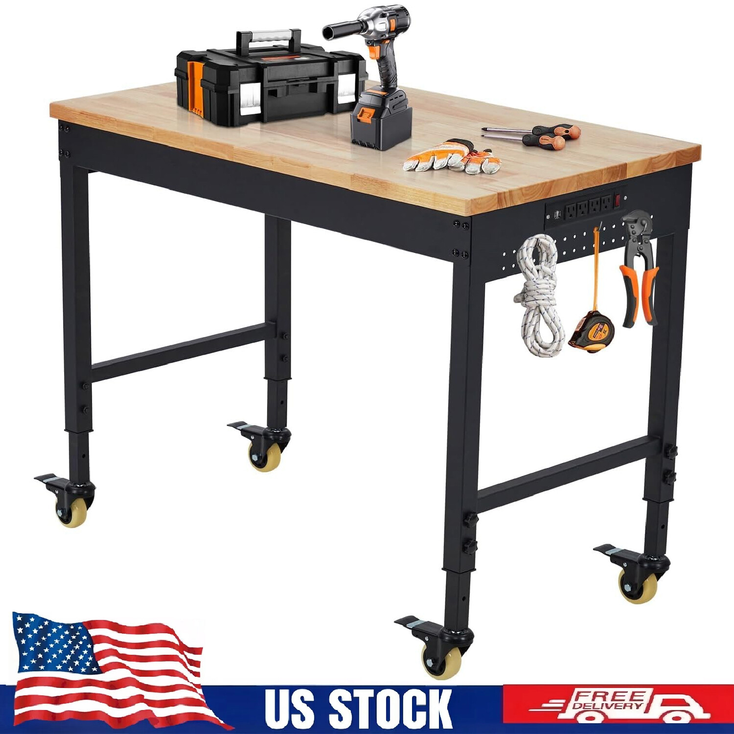 48"x24" Adjustable Workbench ,Heavy Duty Work Table with Power Outlet and Wheels