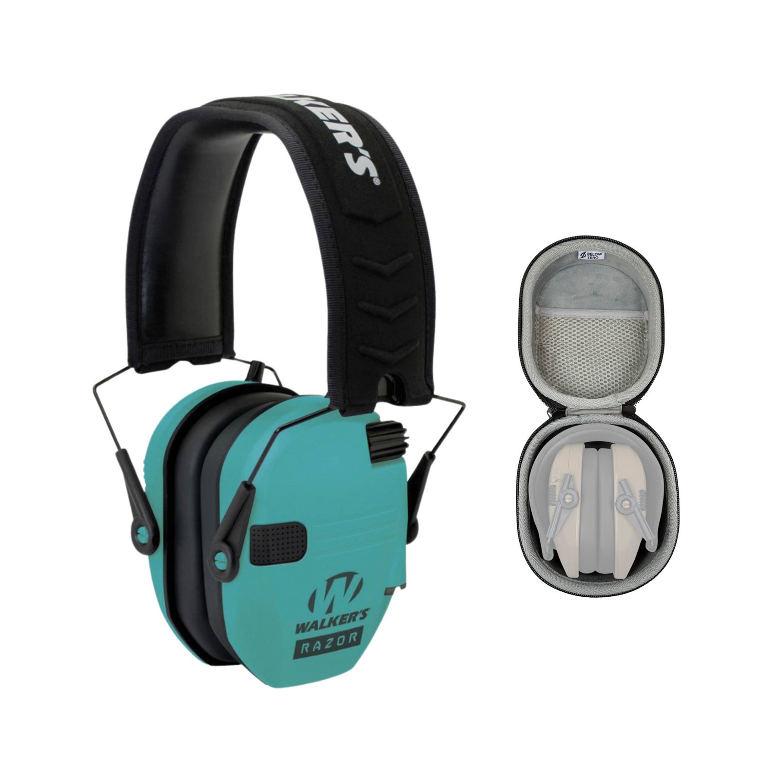Walker's Razor Compact Electronic Ear Muff (Teal) Bundle with Case (2 Items)