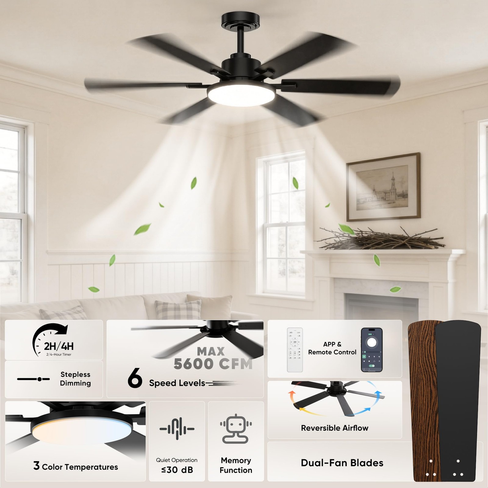 Ceiling Fans W/ Lights 6 Blade Remote Reversible DC Motor 3CCT Dimmable LED 52"