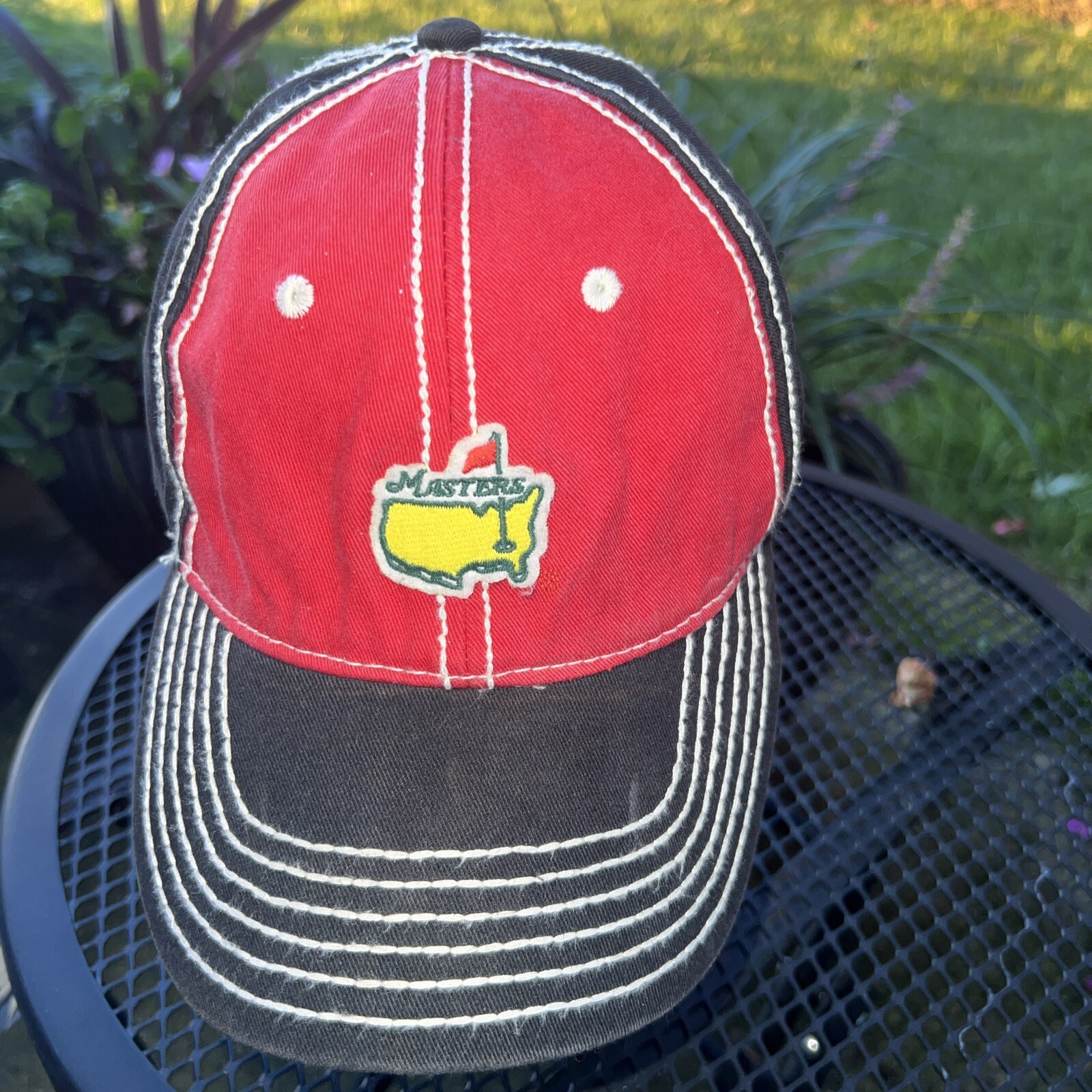 Master’s Yellow Green White Patch on RedBlack Hat Cap Heavy White Topstitch EUC