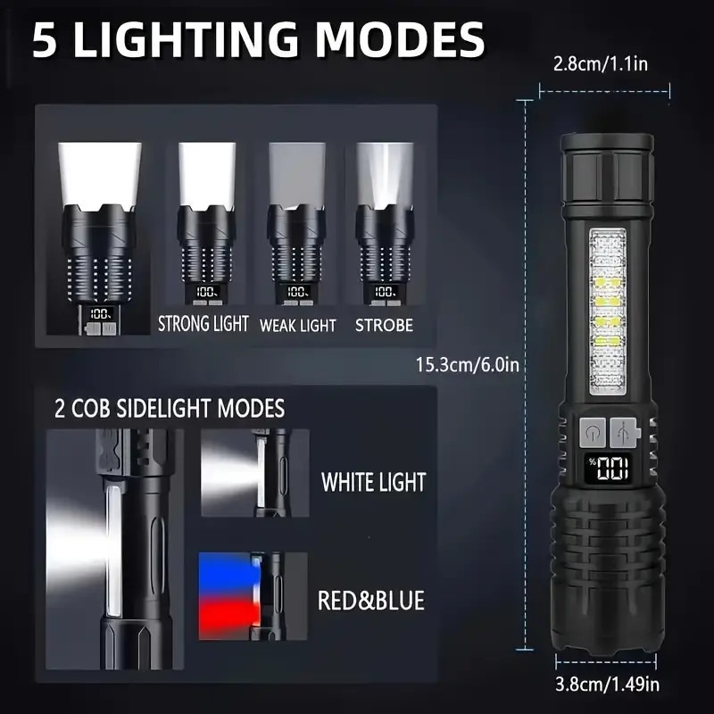 Rechargeable Long Distance LED Flashlight Tactical 5 Modes COB Side Lights