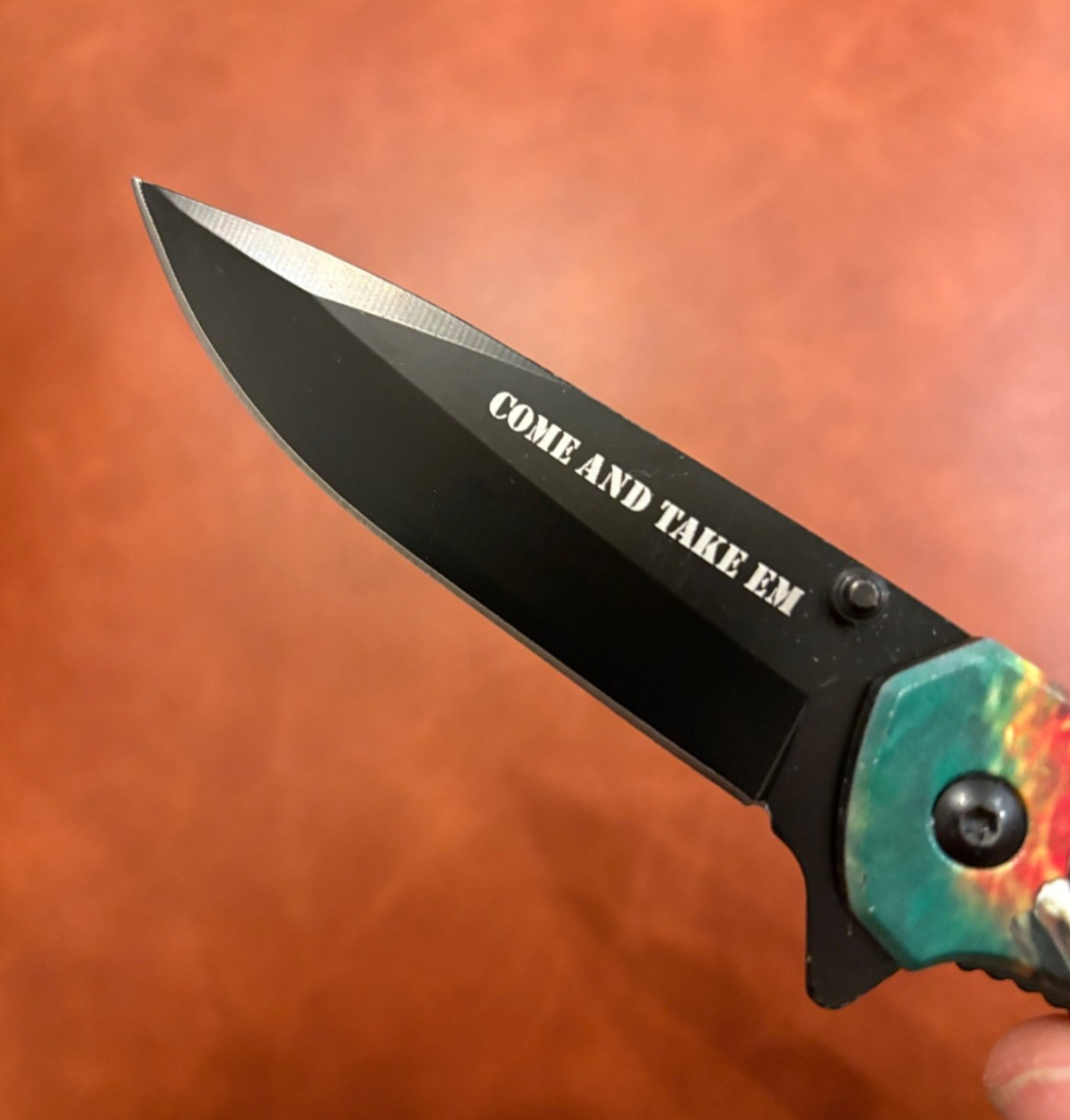 Spring-Assist Folding Knife COME AND TAKE EM Skull Reaper Black Blade Blue