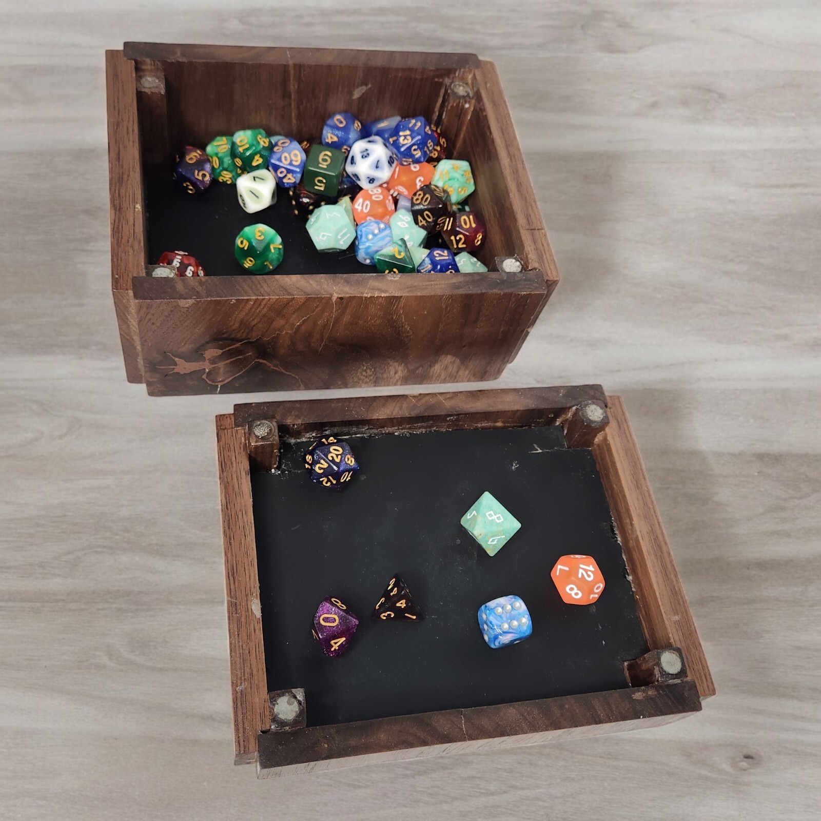 Davo's Dice Box Waterfall Walnut Wood Pattern Handmade Leather Int RPG 7x5.5x4
