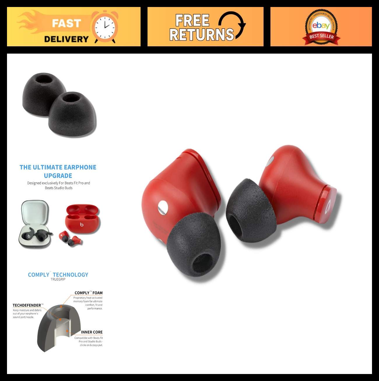 Memory Foam Earbud Tips for Secure Fit & Noise Isolation | 3 Pairs S/M/L - Black