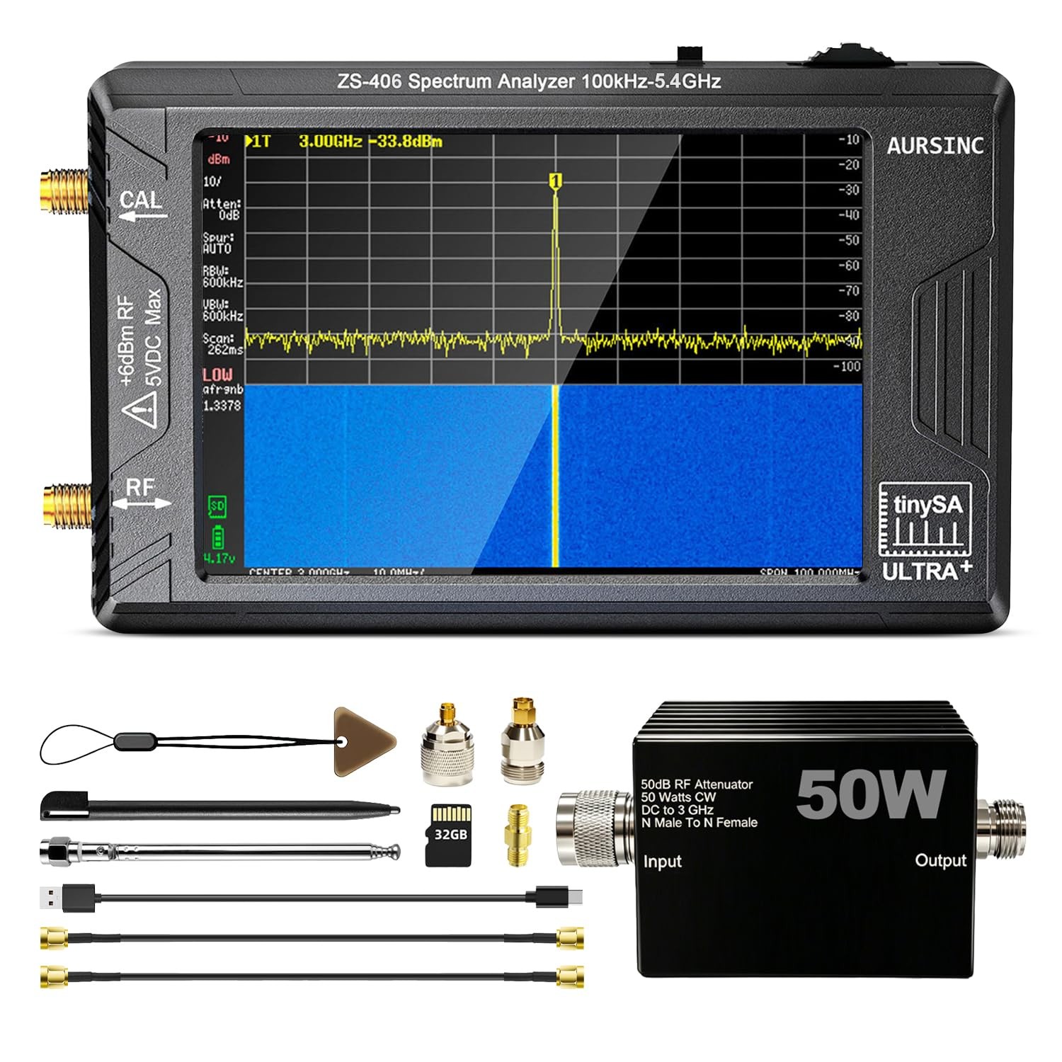 AURSINC TinySA Ultra+ ZS406 Spectrum Analyzer with 50W NType 50dB RF Attenuat...