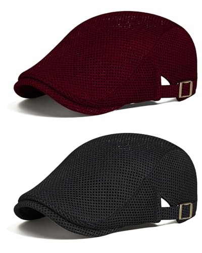 Men's Flat Caps Mesh,2 Pcs Adjustable Breathable Newsboy Beret Black&burgundy