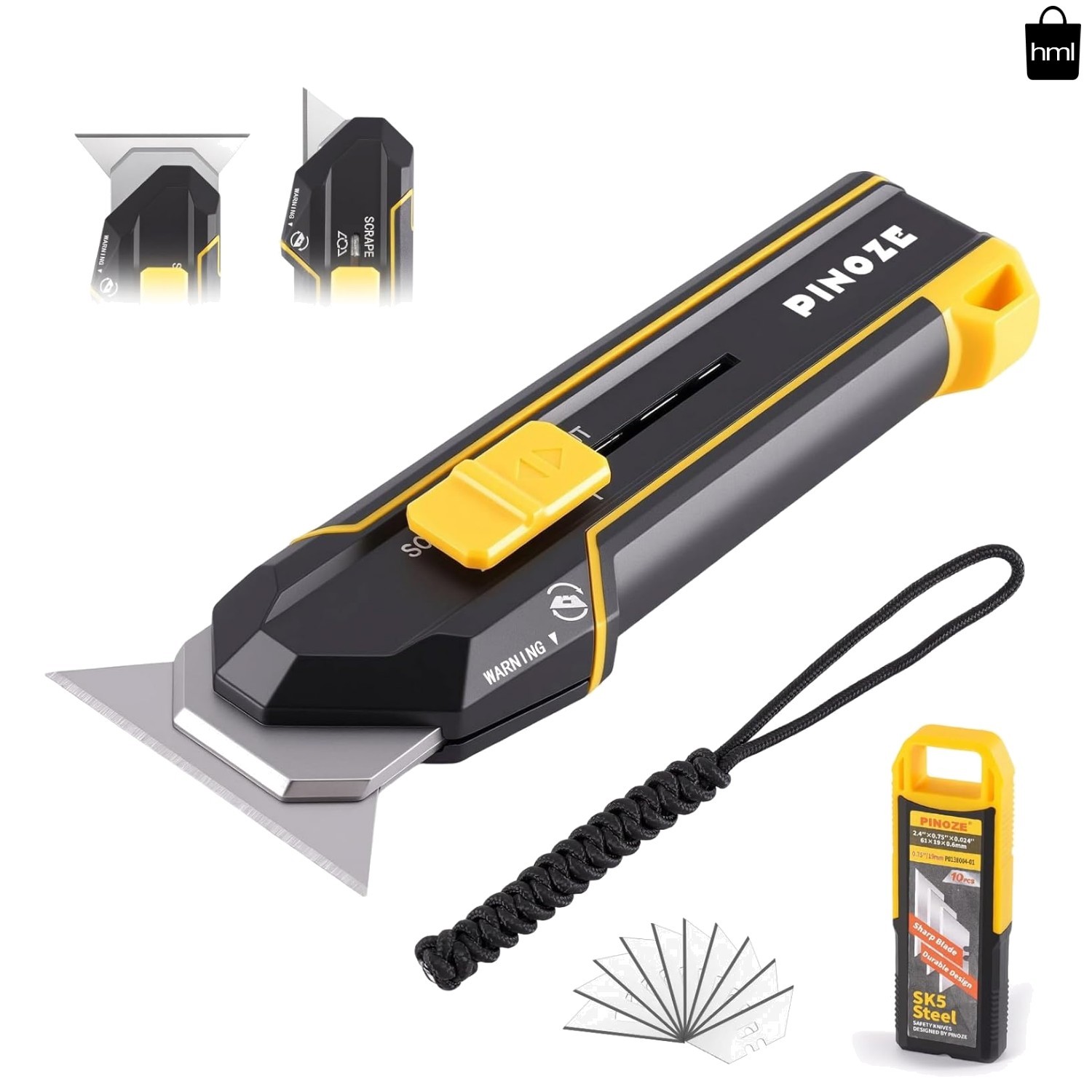 Utility Knife Scraper, 3-in-1 Retractable Box Cutter with Lanyard & Blade Storag