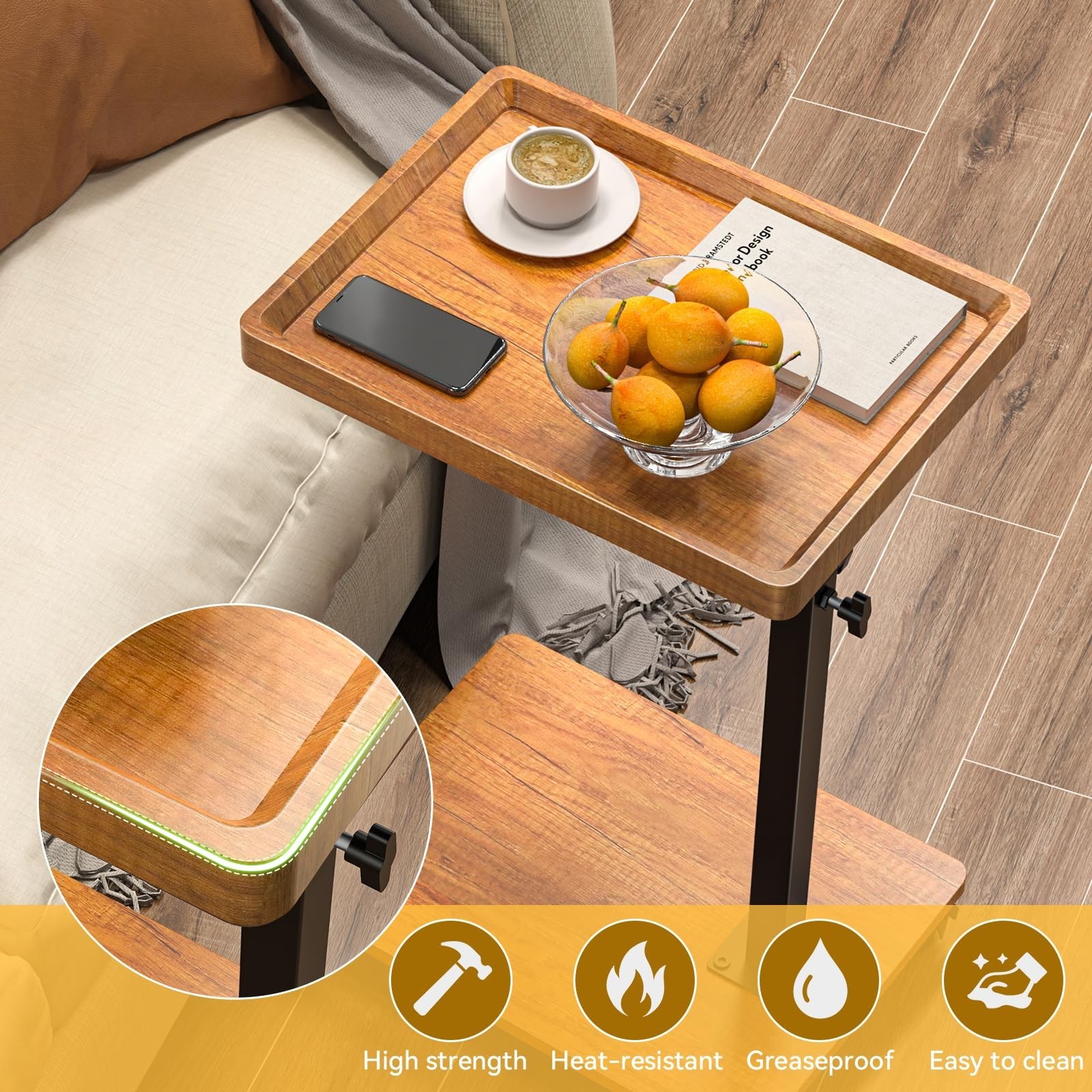 C Table End Table Adjustable Height, 360°Swivel TV Tray Table for Small Spa
