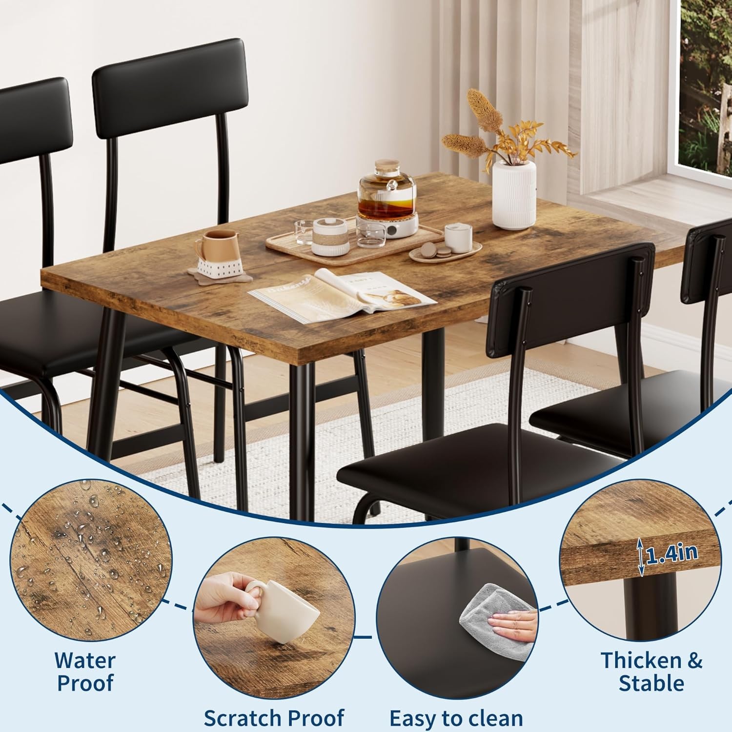 Dining Set for 4 w/ 4 Upholstered Chairs & Wood Table,Space-Saving for Apartment