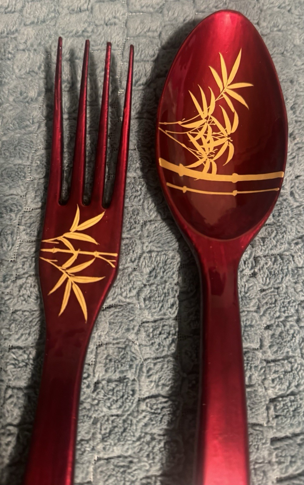 Japanese Lacquerware Fork And Spoon Salad Server With Gold Bamboo Design.