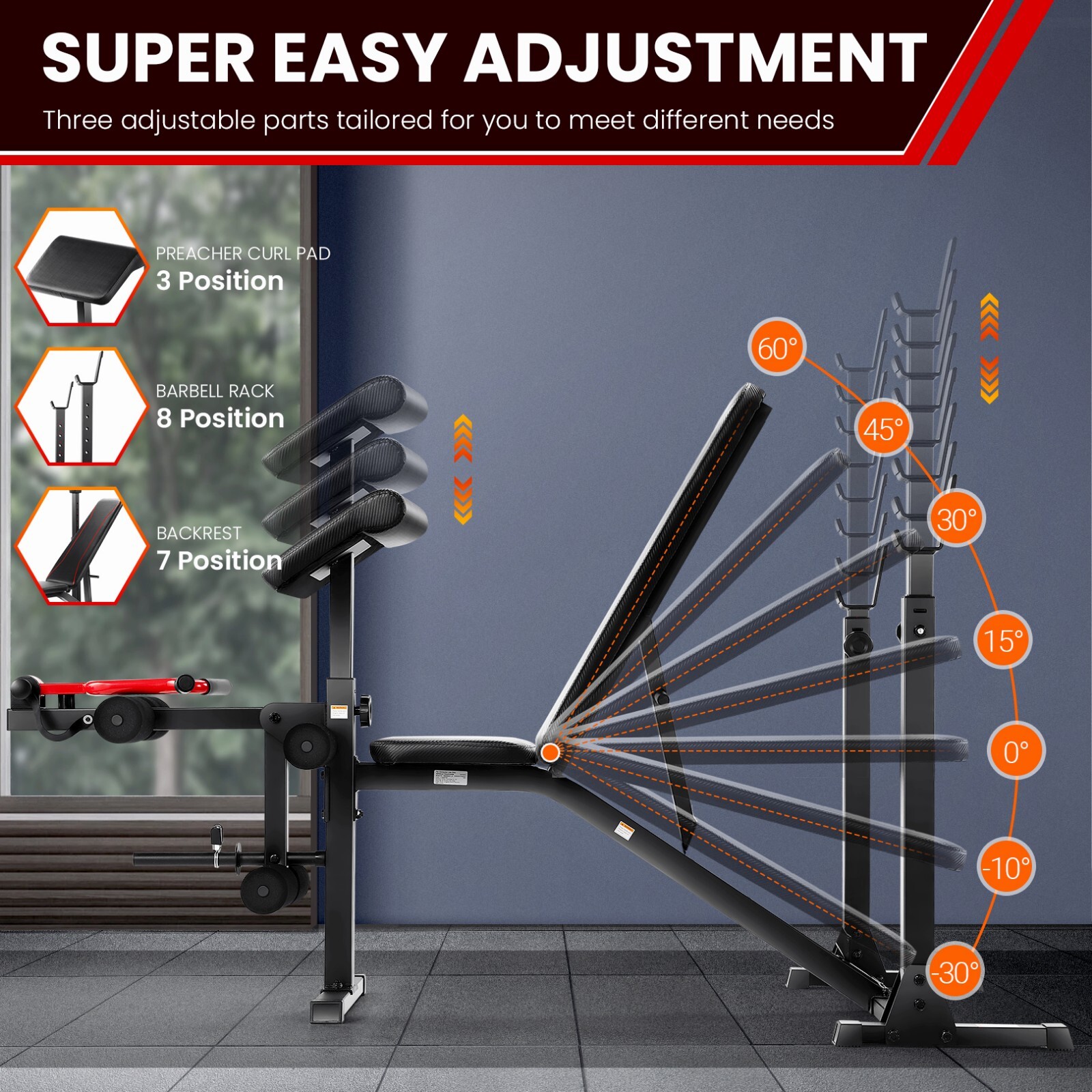 Weight Bench Press with Squat Rack Adjustable Folding with Safety Spotter Catche